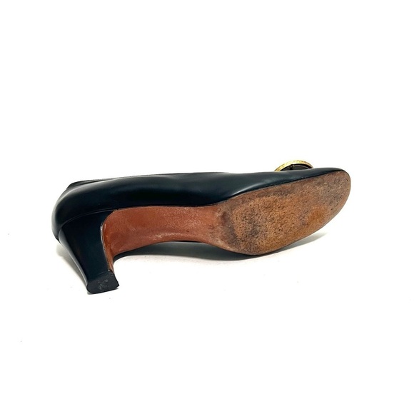 Vintage 1960s black leather oversize buckle slip on pilgrim heels - Picture 8 of 8